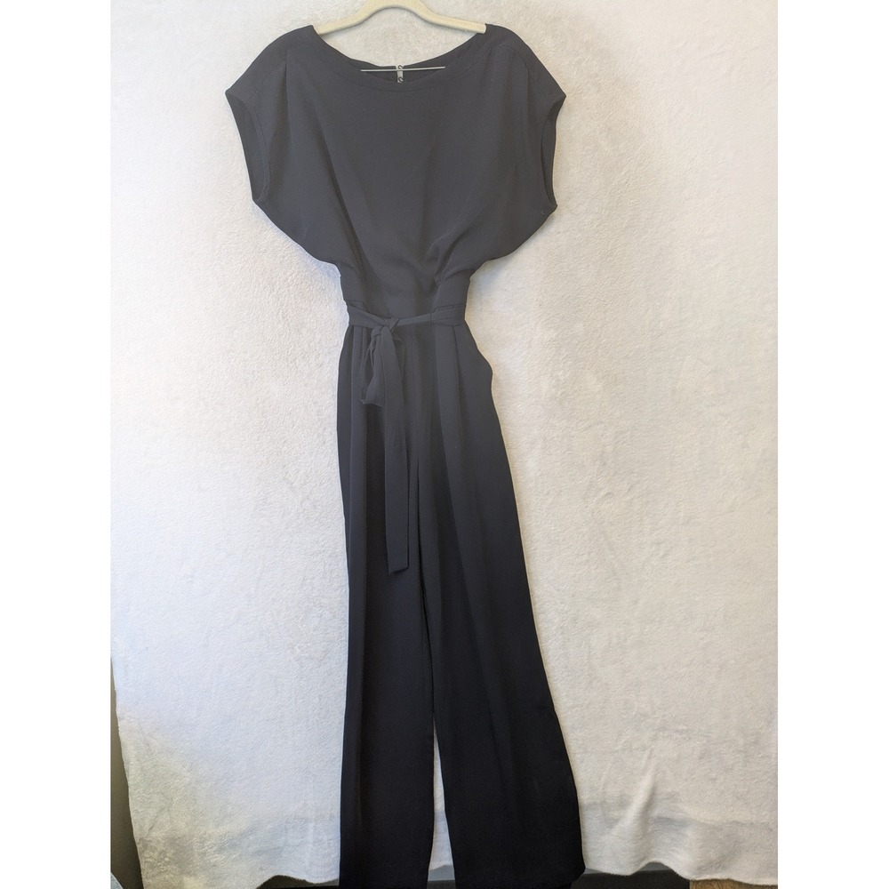 Eliza J Jumpsuit Women's 2 Navy Blue Tie Waist Wide Leg Boat Neck Cap Sleeve